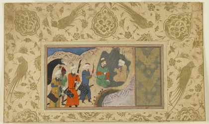 イスカンダルは隠者、c.1500（不透明な水彩、インク、紙に金）を訪問
