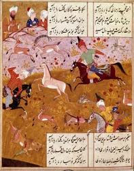 イスラム美術。"The King Hunts" ペルシャの詩人ハーフェズ（Hafiz Shirazi）の詩を描いたミニチュアで、ペルシャ語の写本です。1554年 サン・ロレンソ・デ・エル・エスコリアル、エル・エスコリアル修道院王立図書館、マドリード