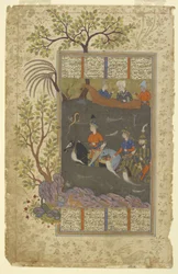 カイ・クスロー、ファランギースとギヴがジェイフンを横切る、シャーンマ（王の書）より、1590-1600年頃、紙にインク、不透明水彩、金彩
