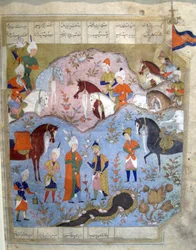 Firdosi ShahnamからのSiyarvushとAfrasiyabの出会い、1565-66年（紙に金箔を施したガッシュ）