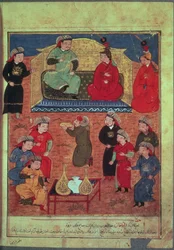 サップさんパース。 1113 fol.203v Rashid ad-Din（1247-1318）の本からの2人の妻と彼の息子Ghazanと一緒のArghan Khan