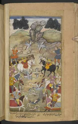 Or.12076 f.71v アルジュナの息子バブルヴァハナと冥界の蛇の戦い。 (Sangha) 「Razmnāmah」 (「戦争の書」) より、Naqib Khan によるマハーバーラタの翻訳