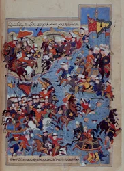 または 5736 fol.122v 1395 年のティムール (1336-1405) とトゥクタミッシュ カーンの戦い、トルコのミルフヴァンドの「Rawzat al-Safa」より