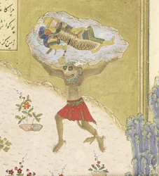 ペルシア語239 fol.165b詳細：アクヴァン師が眠っているロスタムを持ち上げる、Shahnama（Book of Kings）のイラスト、Abul-Qasim Mansur Firdawsi（c.934-c.1020）、1444