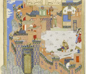 ペルシア語239 fol.278a細部：Isfandiy？rはBrazen HoldでArj？spを殺す、Shahnama（Book of Kings）のイラスト、Abul-Qasim Mansur Firdawsi（c.934-c.1020）、1444