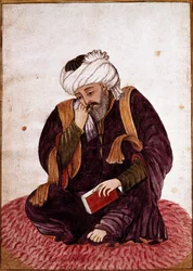本名のハーフェズの肖像 Khwajeh Chams ad-din Mohammad Hafez-e Chirazi (ad Din Mohammad Hafez e Chirazi) 14世紀のペルシャの詩人・神秘主義者。ミニチュア。シリア、ダマスカスの国立博物館。