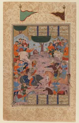 Rustam Fighting Puladvand Div、Shanamehのフォリオ（紙にインクと不透明のトイレ）