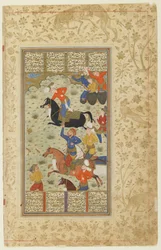 SiyavushとAfrasiyabは、Shahnama（Book of kings）のポロを演奏します。c.1590-1600（インク、不透明な水彩画、紙に金）