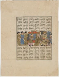 フィダウシ（d.1020）によるShahnama（Book of Kings）からのSiyavushに対する非難のスダバ（紙に不透明な水彩、インク、金、銀）