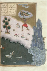 悪魔のアクワンによって空中を運ばれる眠っているロスタム、Shahnama（Book of Kings）のイラスト、Abul-Qasim Manur Firdawsi（c.934-c.1020）c.1440-45（pen、ink＆WC on vellum） ）