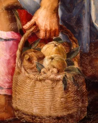 果物のバスケット、Peter Candid (1548-1628) による Adoration of Shepherds の詳細、パネルに油彩、248x162 cm