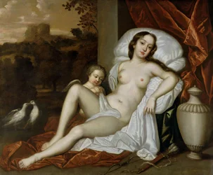 ビーナスとしてのネル・グウィン（1650-87）の肖像画と、キューピッドとしての息子のチャールズ・ボークラーク（1670-1726）（キャンバスに油彩）