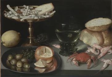 果物、お菓子、甲殻類、コップとねずみのある静物、c.1620