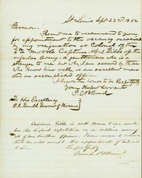 1862年9月22日、ミズーリ州知事H.R.ギャンブル宛、セントルイスのP.E.ブランドの署名入り書簡