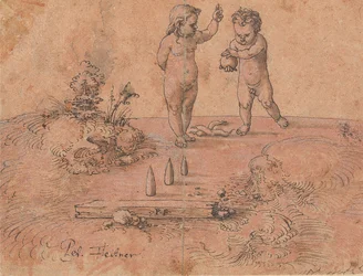 ボールで遊ぶ 2 人の子供、1500 年から 1546 年。