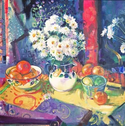 緑の鉢に入った花と果物, 1997