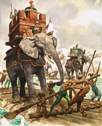 いかだで川を渡るハンニバルと彼の象