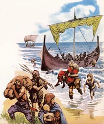 サクソン人がドイツからロングボートでイギリスに到着