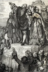 1790年7月14日、バスティーユ占拠1周年を記念してシャン・ド・マルスの祖国の祭壇で行われた第1回全国連盟祭：家族に囲まれ、憲法に宣誓する国王ルイ16世