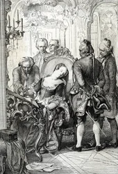 デンマーク王妃カロリーネ・マティルデ（1751-1775年）、1772年の婚外関係の後、離婚書類への署名を強いられる。ペン画