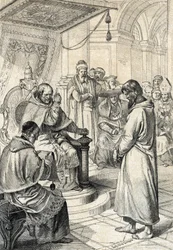 叙任式の疑問、カノッサの悔い改め: カノッサでは、神聖ローマ帝国の皇帝ヘンリー 4 世 (1050 年 - 1106 年) が悔い改めのドレスを着て、教皇グレゴワール 7 世 (ヒルデブラント: 1015/20 年 - 1085 年) の許しを懇願し、1077 年 1 月に名誉ある償いを行っている。 」（ウォール