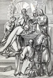 Representação de Santo Agostinho de Canterbury (falecido em 604), enviado à Inglaterra pelo Papa Gregório Magno em 596 para converter os anglo-saxões - Ele está aqui antes de Ethelbert, rei anglo-saxão de Kent (552? -616) que ele batizou em 597 (Agostinho,