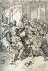 Revolta de Streltsy: prisão de membros dos regimentos de Streltsy (strelets) após seu levantamento em 1698 contra inovações progressivas do czar Pedro, o Grande, Rússia (Revolta de Streltsy: supostos membros dos regimentos Streltsy de Moscou presos após St