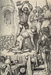 1268年、タリアコッツォの戦いの後、アンジュー公シャルルの命令により処刑されるシチリア王・シュヴァーベン公コンラディン（またはホーエンシュタウフェン家のコンラート、1252-1268年）（シチリア最後のシュタウフェン王コンラディン、または若きコンラートの処刑、続く）