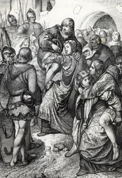 ヴァインスベルクの貞淑な妻たち：1140年、ホーエンシュタウフェン家のコンラート3世によるヴァインスベルク包囲戦で敗れた兵士たちの妻が、夫を背負う、ドイツ（ヴァインスベルク包囲戦中の忠実な妻たち）
