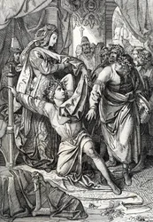1207 年にドイツのヴァルトブルク城の詩のコンテスト: ミネサンジェルスは詩的なゲームで競い合い、伯爵夫人 (ハインリッヒ・フォン・オフターディンゲン、サンゲルクリーグに参加したミネシンガー (ミンストレルの c)