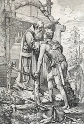 O jovem Odoacre (ca. 433-493) recebendo a bênção de Severin, Apotre de Norique, ca. 470 (Odoacro conhece o monge Severinus de Noricum, que descobre que um dia ele se tornaria famoso, 470 ca) Desenhando uma caneta desenhada de “” Historische Memorabilian de