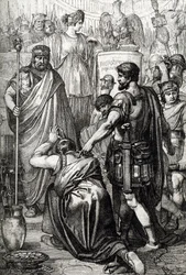 Vandal War: “” The surrender of the King of the Vandals Gelimer kneels before the Byzantine General Belisaire (500-565) in March 534, Carthage, Africa” (Vandalic war: vandal king Gelimer surrendering to general Belisarius, 534, Africa) Drawing a pen drawn 