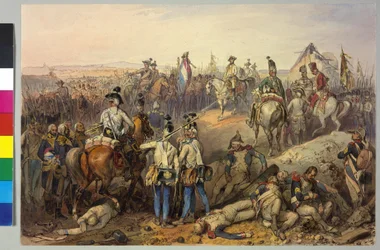 第一次連合戦争18.3.1793:1793年ネールヴィンデンのカールの戦い（水彩画）