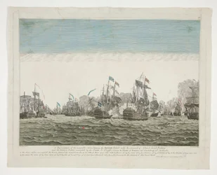 1782 年 4 月 12 日、ドメニカ島とグアダルーペ島の間で、ロドニー提督指揮下のイギリス艦隊とグラフ伯爵指揮下のフランス艦隊との間の記憶に残る行動を表したもの