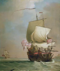 イギリス東インド会社の商業船。キャンバスに油彩、1720年頃、ピーター・モナミー（1681-1749）作。