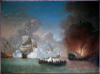 Naval battle between a Portuguese warship and prickly pirate galleys - Painting by Peter Monamy (Active between 1681 and 1749), oil on canvas, circa 1685 (Naval action between a Portuguese man of War and a Number Of Barbary Pirate Galley, by Peter Monamy,