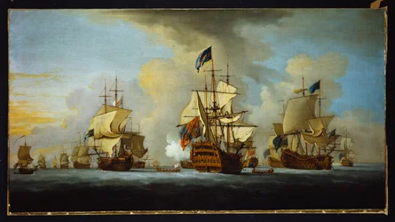 白と青の艦隊の副海軍大将と後海軍大将への提督の船の合図でのイギリス艦隊のアンカー