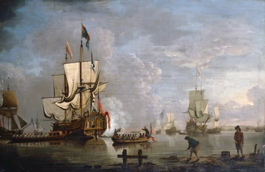 モーニングガン：ロチェスター沖のHMSペレグリン（キャンバスに油彩）