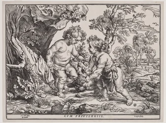 子羊と戯れる幼いキリストと聖ヨハネ クリストフェル・イェーガー（1596-1653）による1632年以降のエングレーヴィング（木版）。