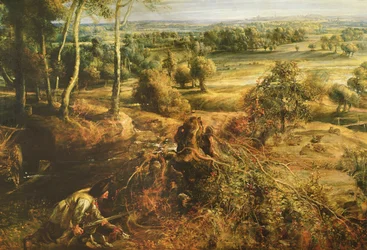 211075のパネルの詳細にある、早朝のヘットスティーンを望む秋の風景、1636年頃の油彩
