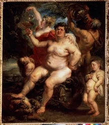 バッカス（バッカス）。 Peter Paul (Pierre-Paul) Rubens (または Peter Paul または Petrus Paulus) (1577-1640) による絵画。 キャンバスに油彩