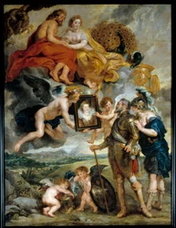 Cycle des Medicis：「フランス王アンリ4世（1553-1610）がマリー・ド・メディシス（1573-1642）の肖像画を受け取る」 ピエール・ポール（Pierre-Paul）・ルーベンス（またはPeter PaulまたはPetrus Paulus）（1577-1640）の絵画 17世紀 日。3,9x2,9 m