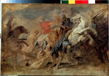 ライオン狩り。 Peter Paul (Pierre-Paul) Rubens (または Peter Paul または Petrus Paulus) (1577-1640) による絵画。 木材に油彩、薄さ: 43 x 64 cm、1621 年頃。フランダースの芸術、バロック様式。 エルミタージュ美術館、サンクトペテルブルク。