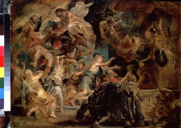 ヘンリー 4 世 (1553-1610) の死と摂政の宣言 (ヘンリー 4 世の死と摂政の宣言)。 Peter Paul (Pierre-Paul) Rubens (または Peter Paul または Petrus Paulus) (1577-1640) による絵画。 木に油彩、48 x 65 cm
