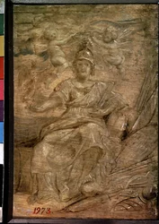 マリー・ド・メディチ (1575-1642) en パラス・アテナ (パラス・アテナとしてのマリー・ド・メディチ). Peinture de Pierre Paul (Pierre-Paul) Rubens (ou Peter Paul ou Petrus Paulus) (1577-1640). 木に油彩、22.5 x 15 cm