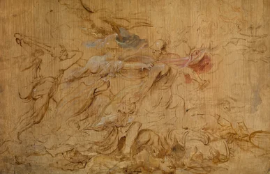 火星を拘束するミネルヴァとヘラクレス（油彩・パネル）