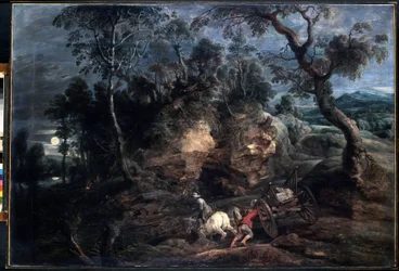 石運びのある風景。 Peter Paul (Pierre-Paul) Rubens (または Peter Paul または Petrus Paulus) (1577-1640) による絵画。 キャンバスに油彩、86 x 126.5 cm、1620 年頃。フラマン美術、バロック美術。 エルミタージュ美術館、セント.