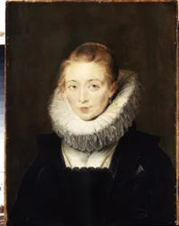 インファンタ イザベラ (1566-1633) の女官の肖像。 いちごの首輪をしている。 (インファンタ イザベラを待つ女性の肖像)。 Peter Paul (Pierre-Paul) Rubens (または Peter Paul または Petrus Paulus) (1577-1640) による絵画。 油蘇