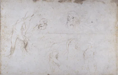 木に縛られた男性像と二人の男性の頭の習作 1601年頃 紙にペンとインク