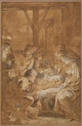 羊飼いの礼拝、c.1613-4（茶色のウォッシュと白いガッシュのペンと茶色のインク）